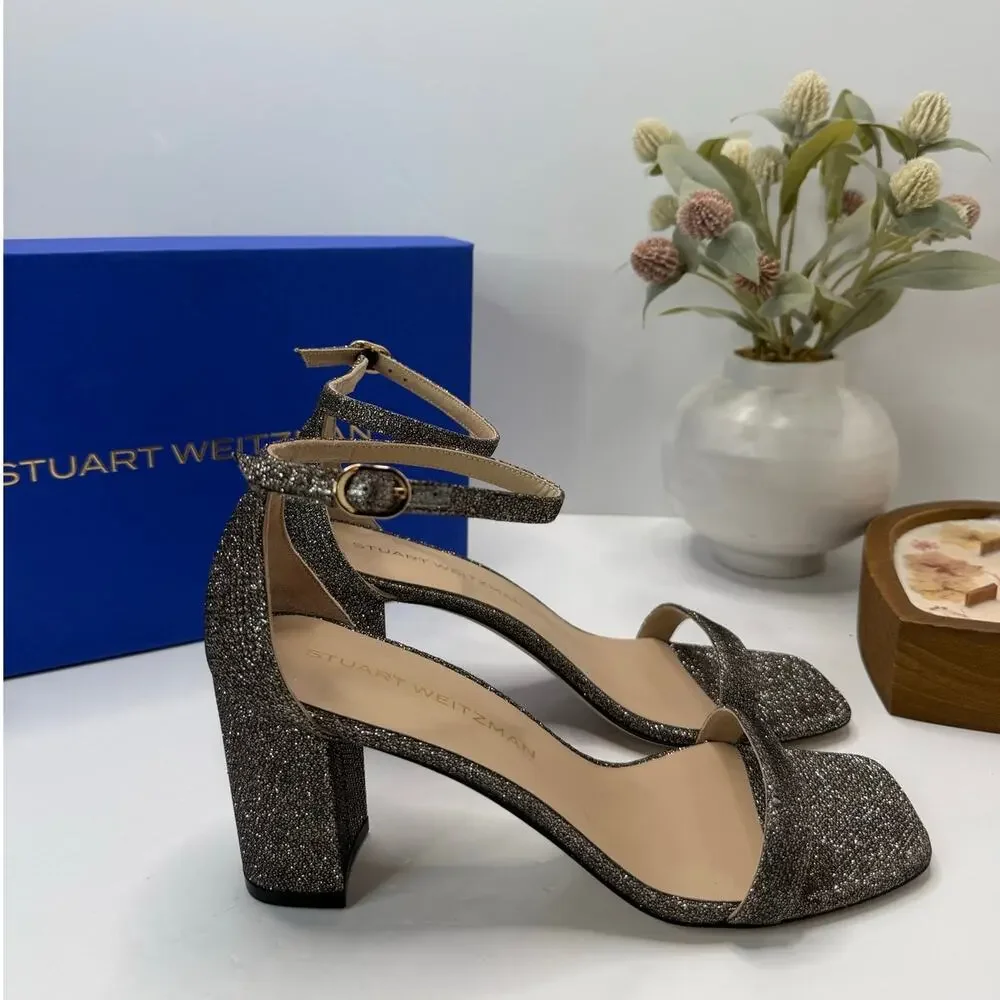 Stuart Weitzman Nudistcurve 75 Block Ankle Strap Sandal New Pyrite Women's 9B